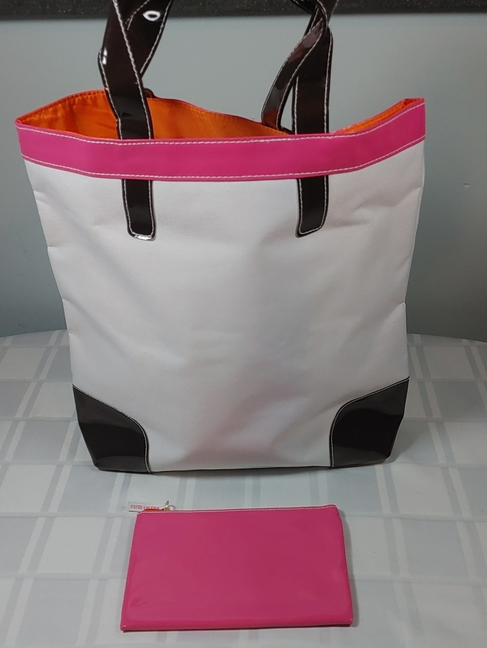 Estee Lauder White Tote with Pink & Black Accents, Orange Interior, Pink Pouch